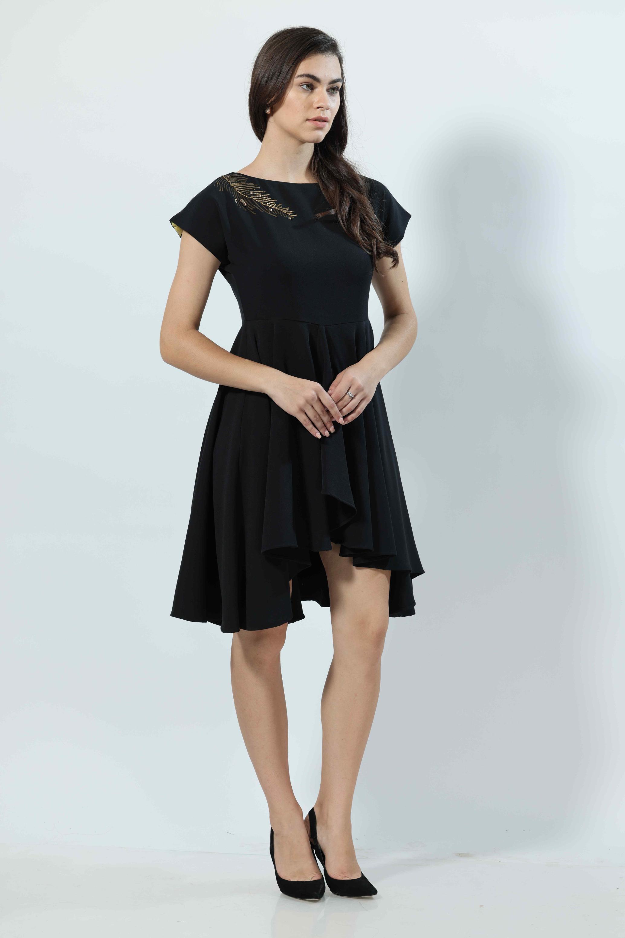 Cascade Black Beauty Detail Boat Neck Midi Dress