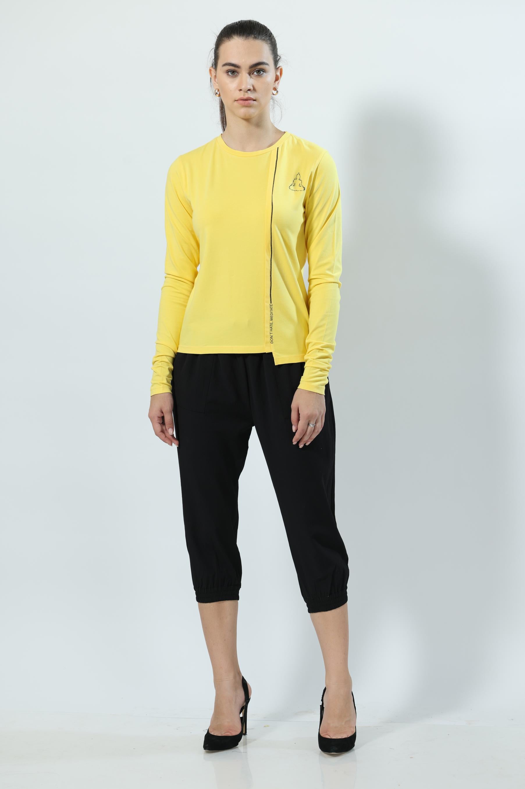 Don't Hate Meditate Full Sleeve Yellow Top