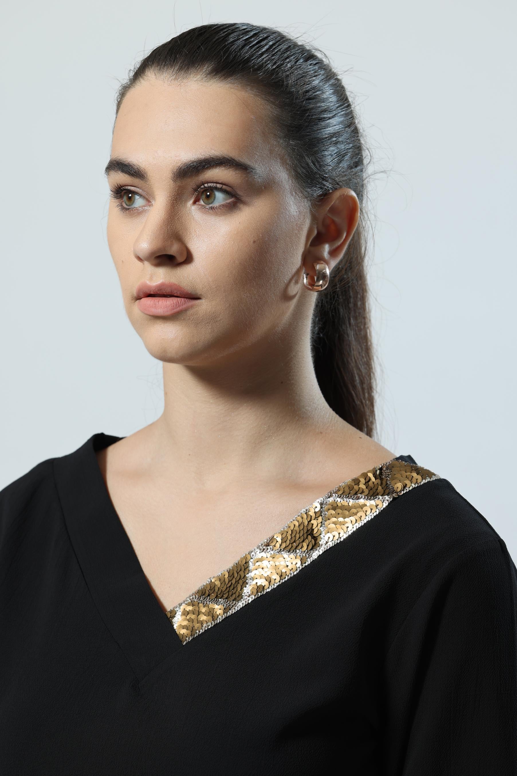 V-neck Full Sleeve Black Top With Sequins Work