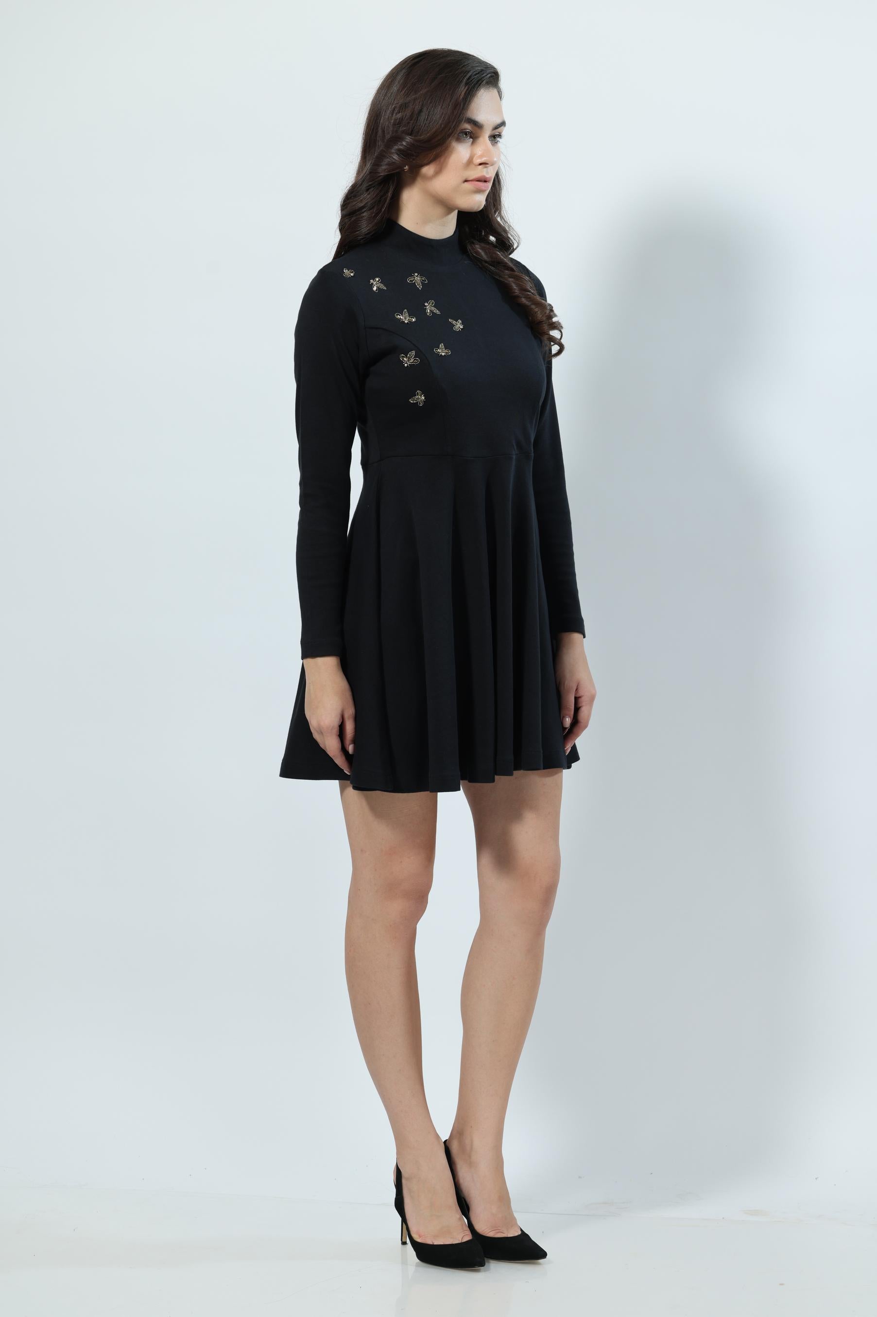 Bumblebees Embroidered Casual Mini Dress With Sleeves