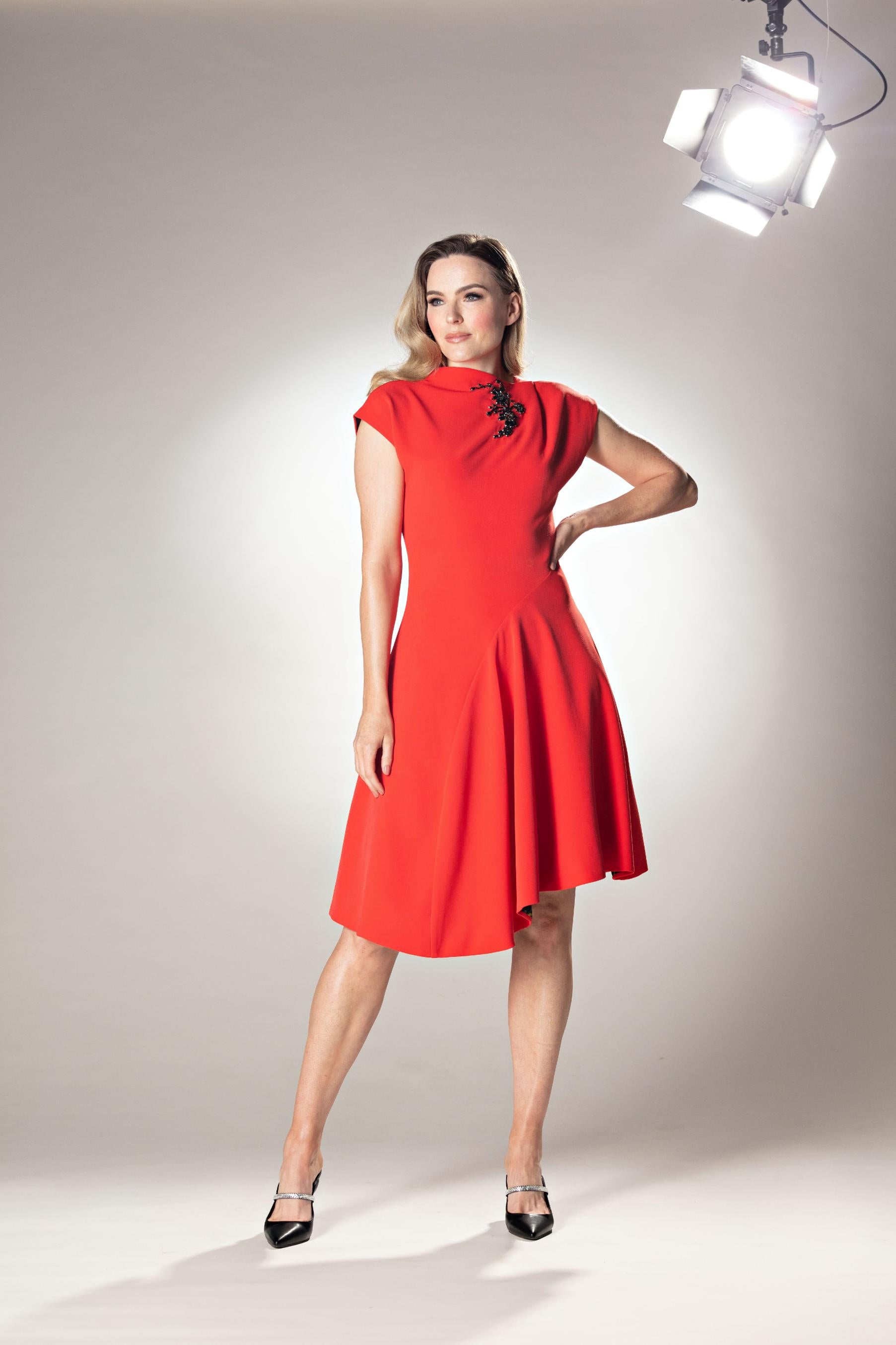 Cascade Fiery Red Beauty Detail Boat Neck Midi Dress