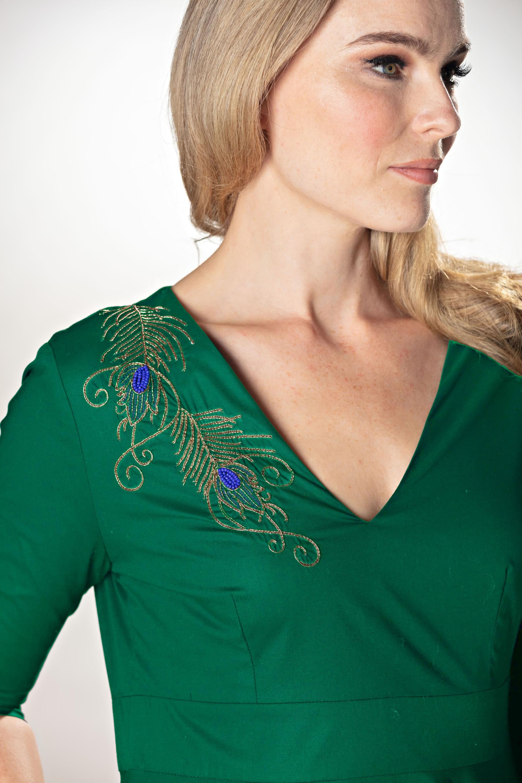 Peacock Fether Embriodery Green Dress