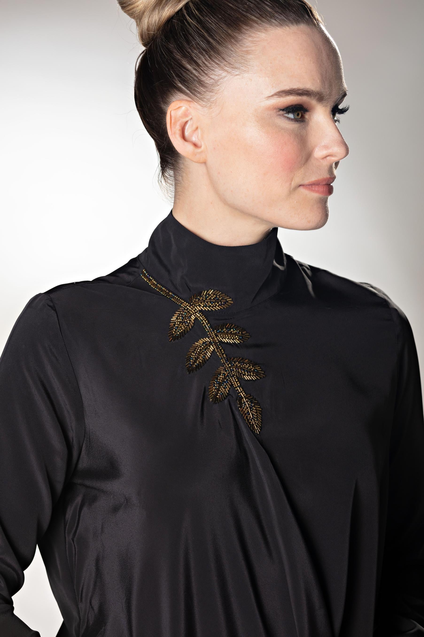 Leaf Embellishment High Neck Black Top