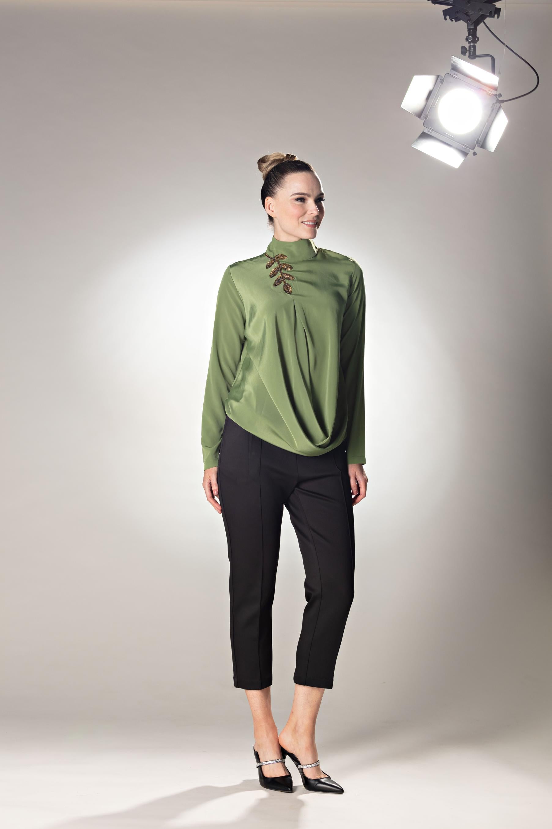 Leaf Embellishment High Neck Foam Green Top