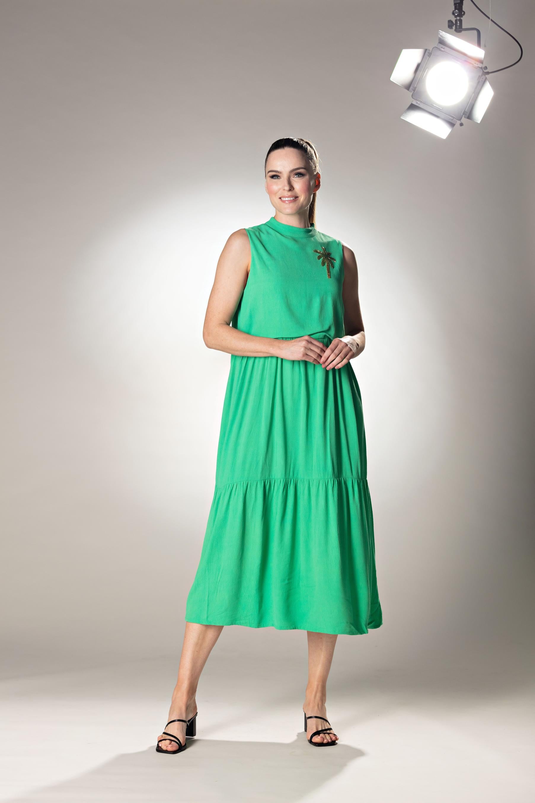 Tiered Midi Kelly Green Dress With Palm Tree Embroidery