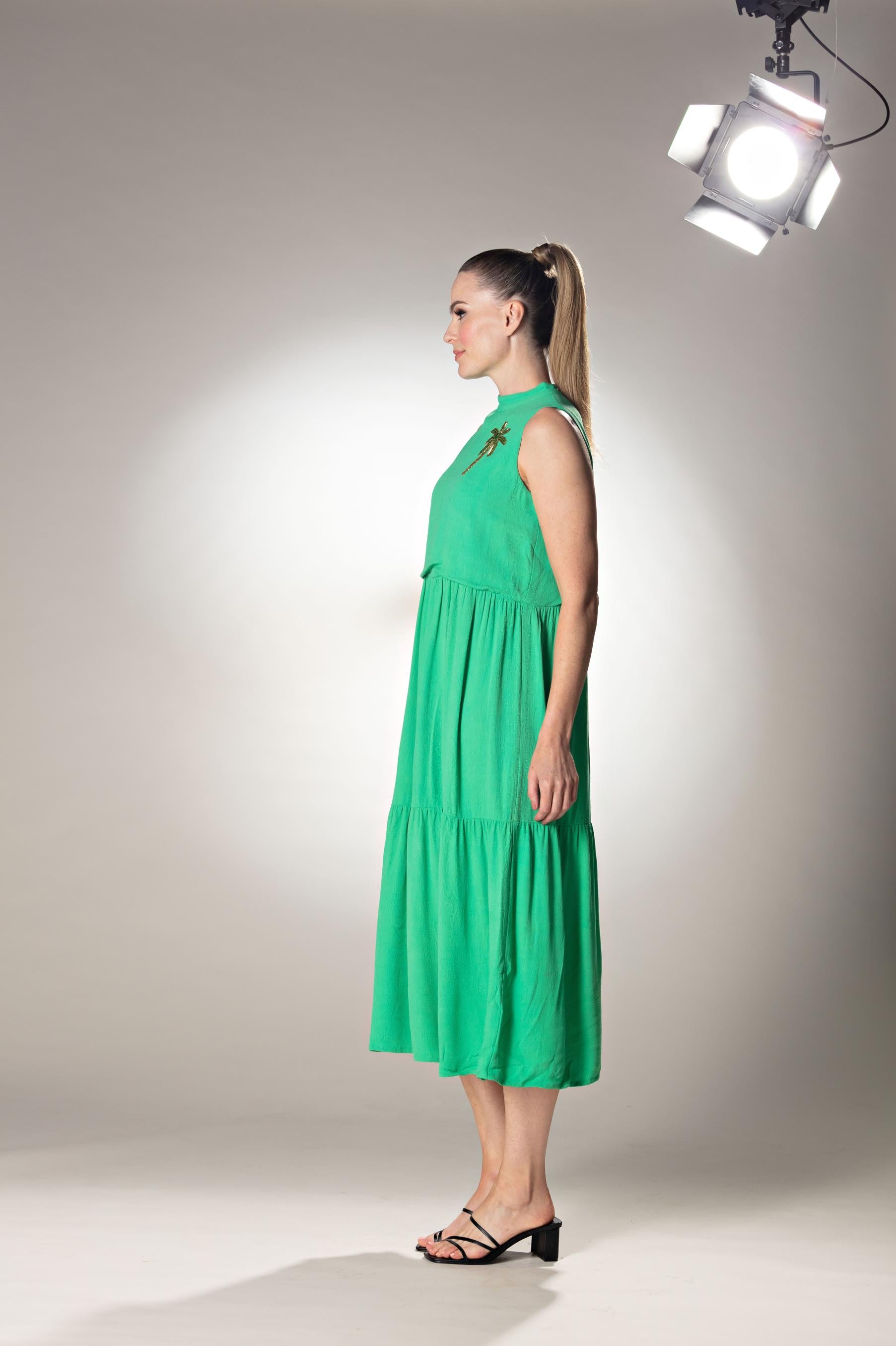 Tiered Midi Kelly Green Dress With Palm Tree Embroidery