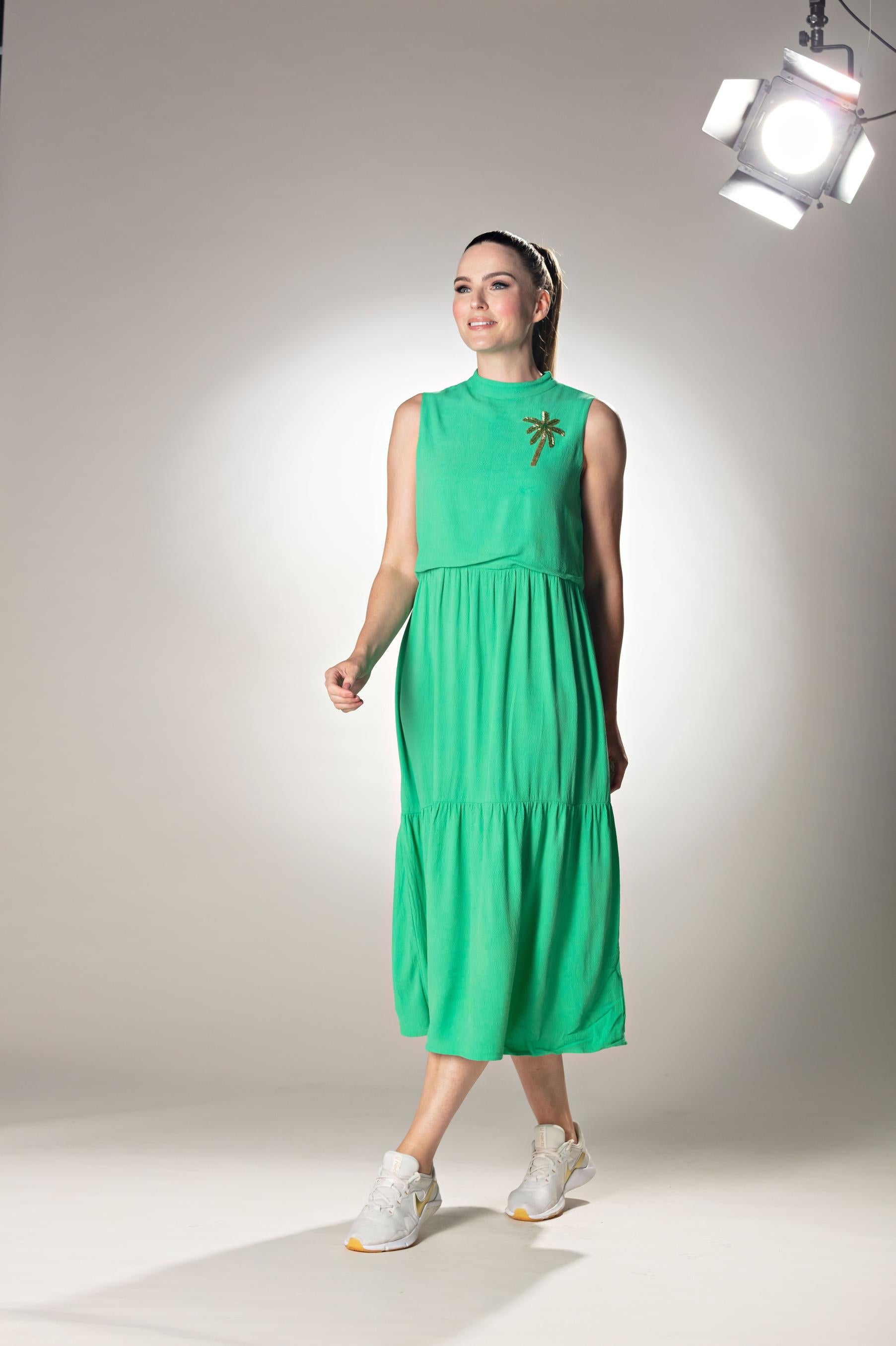 Tiered Midi Kelly Green Dress With Palm Tree Embroidery