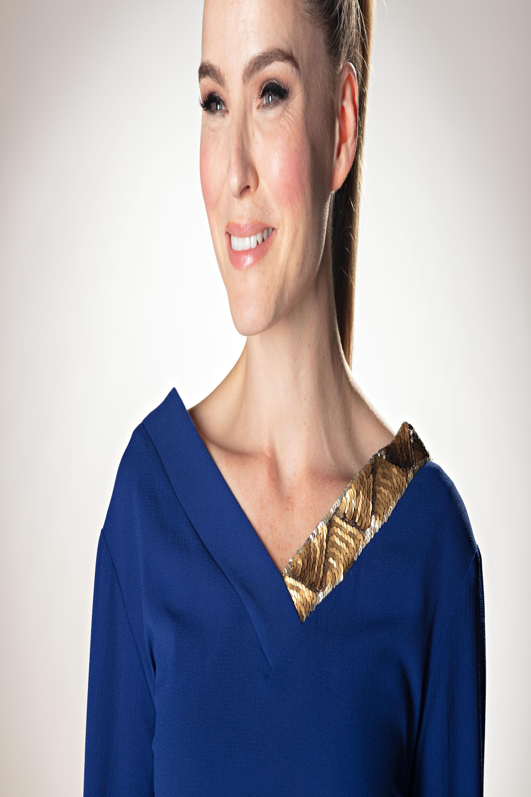 V-neck Full Sleeve Blue Top With Sequins Work