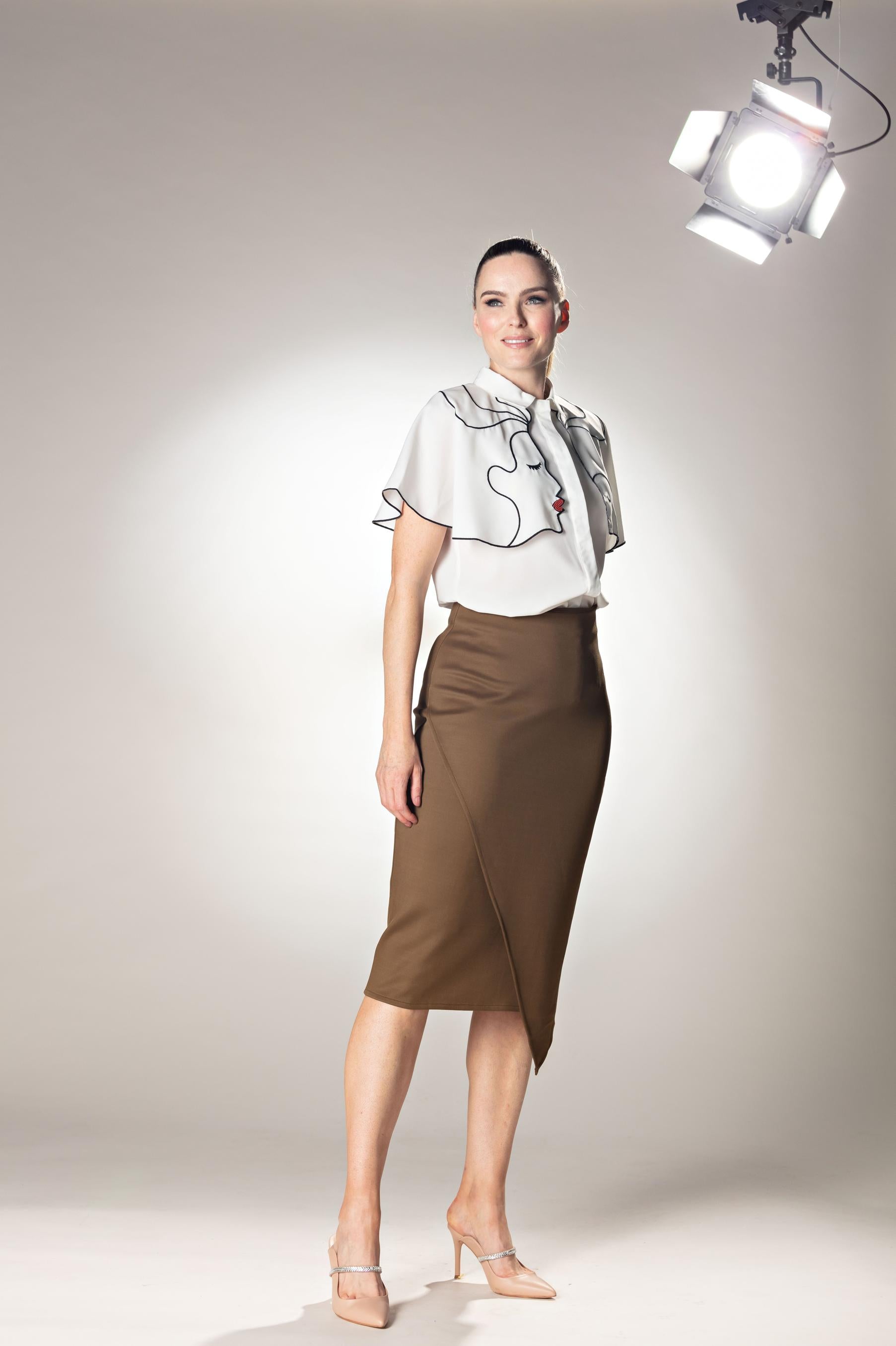 Asymmetrical Hem Midi Brown Skirt With Brand Logo Zipper Pull