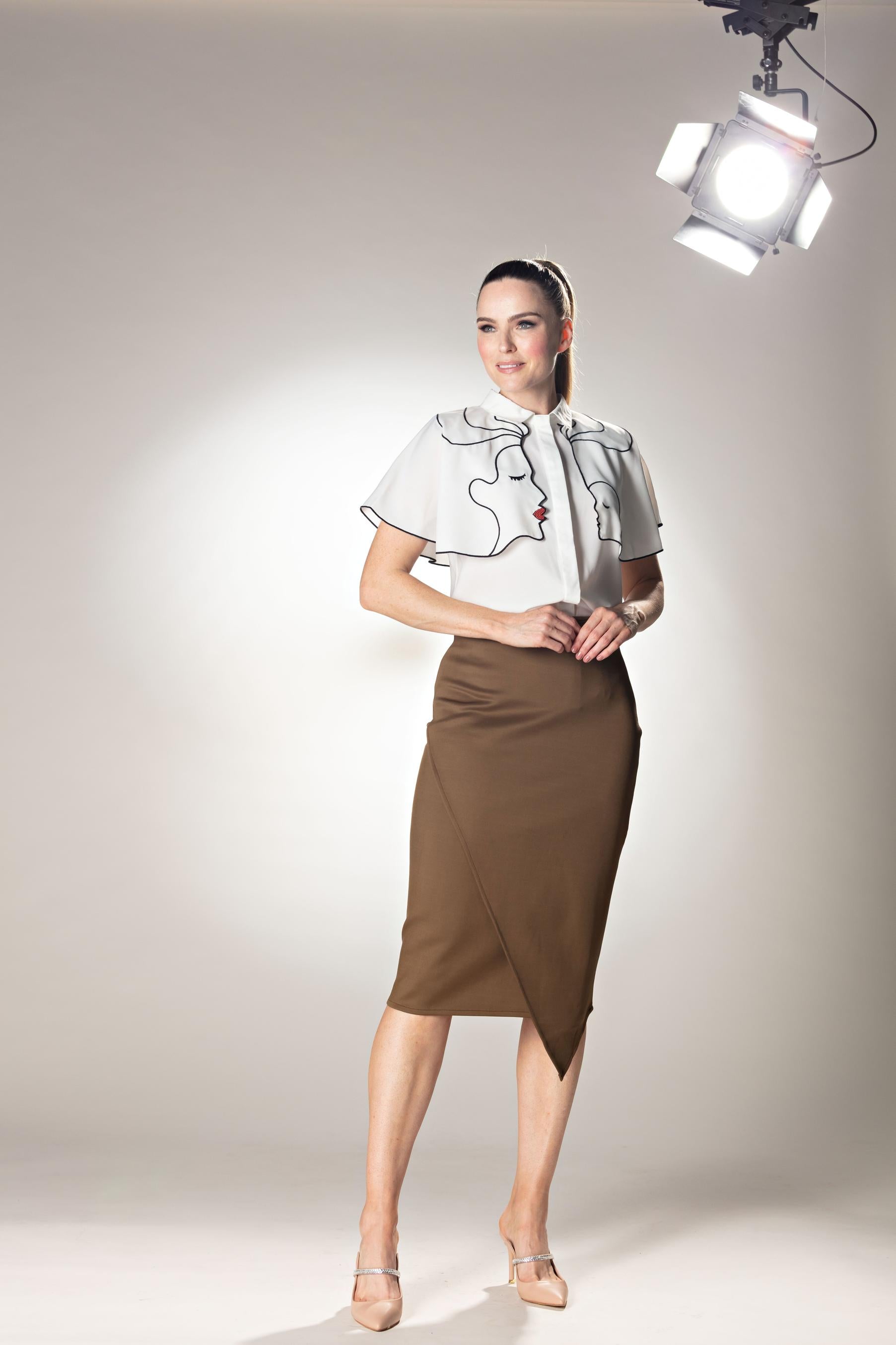 Asymmetrical Hem Midi Brown Skirt With Brand Logo Zipper Pull