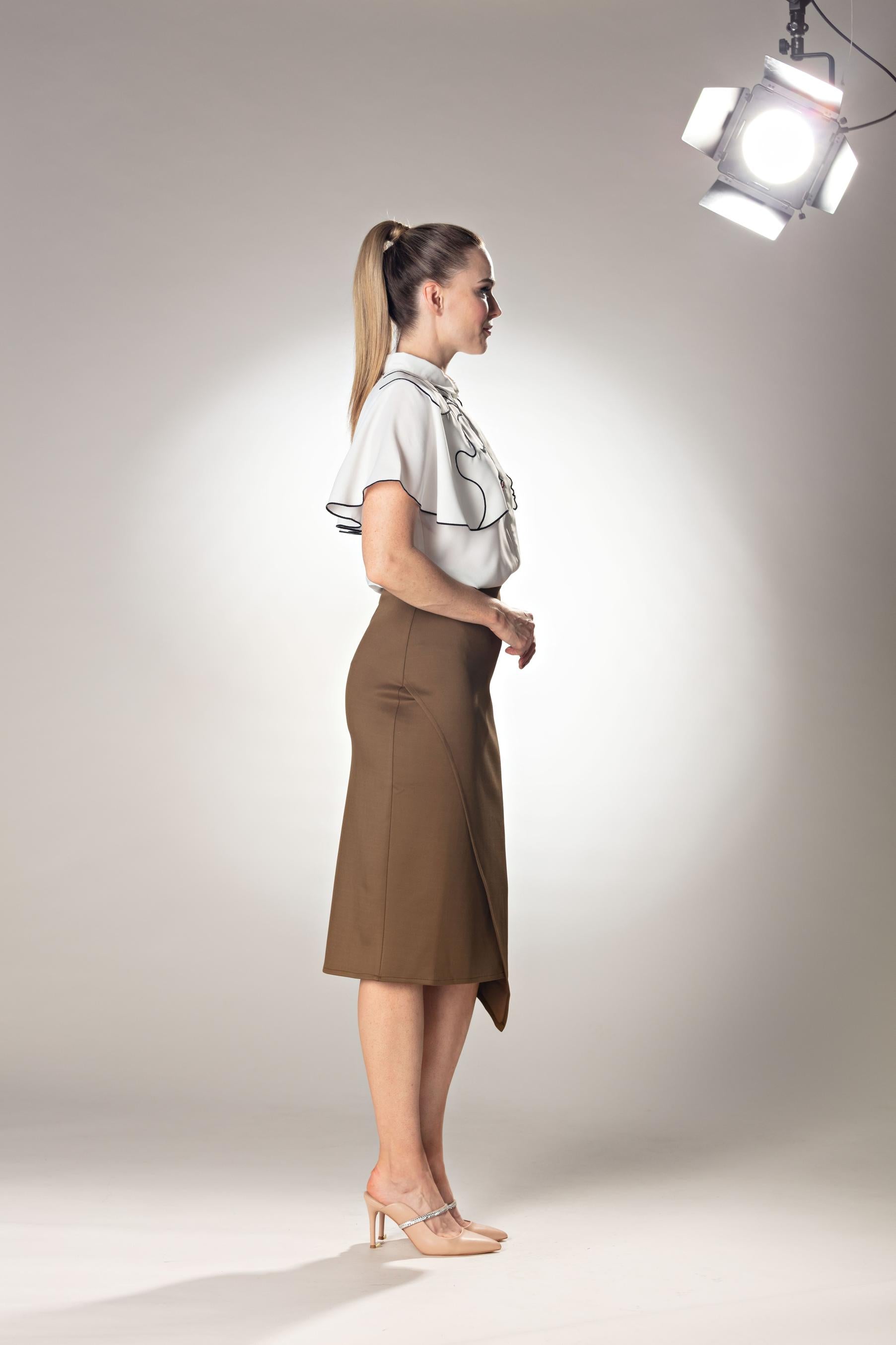 Asymmetrical Hem Midi Brown Skirt With Brand Logo Zipper Pull