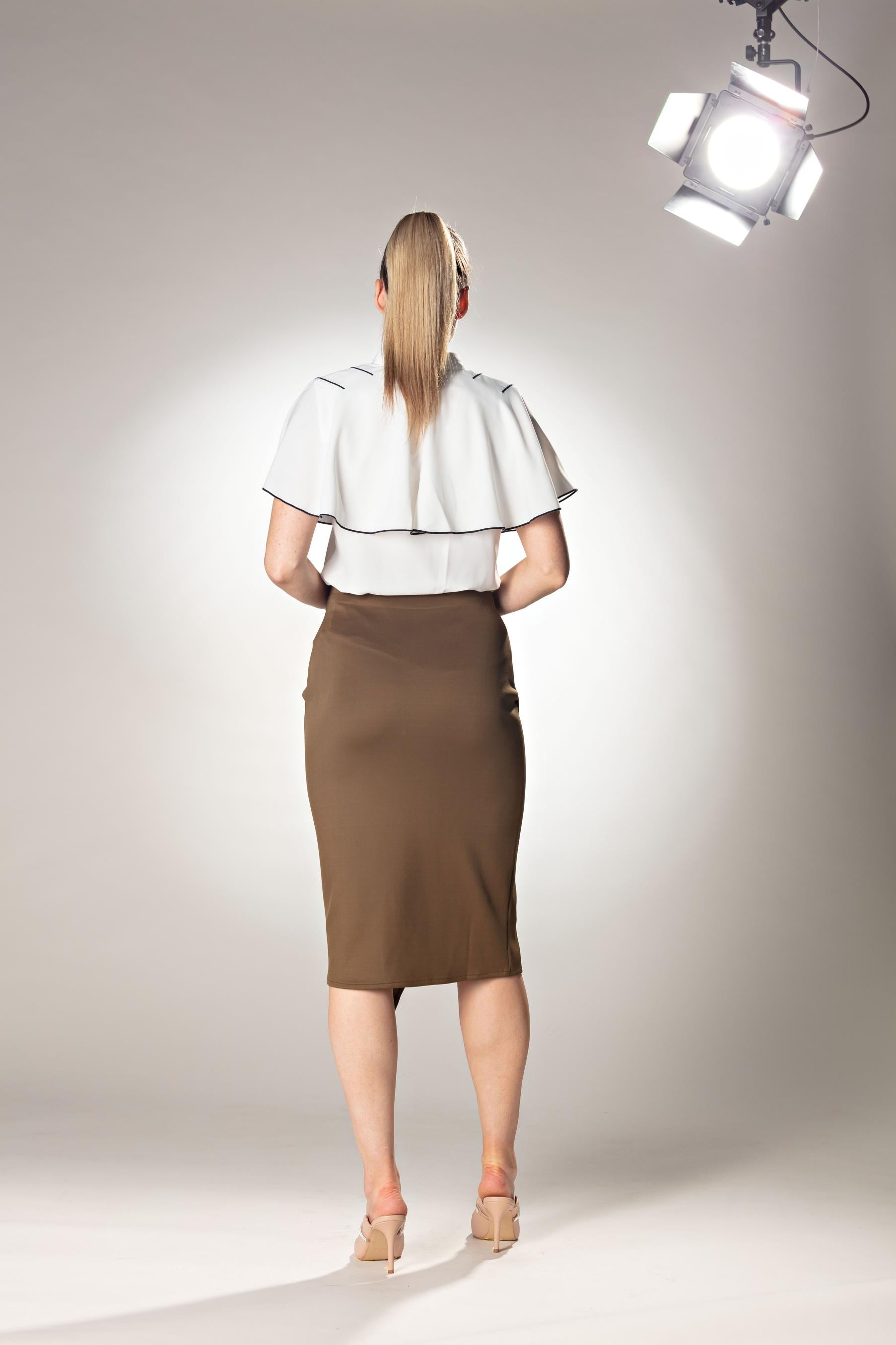 Asymmetrical Hem Midi Brown Skirt With Brand Logo Zipper Pull