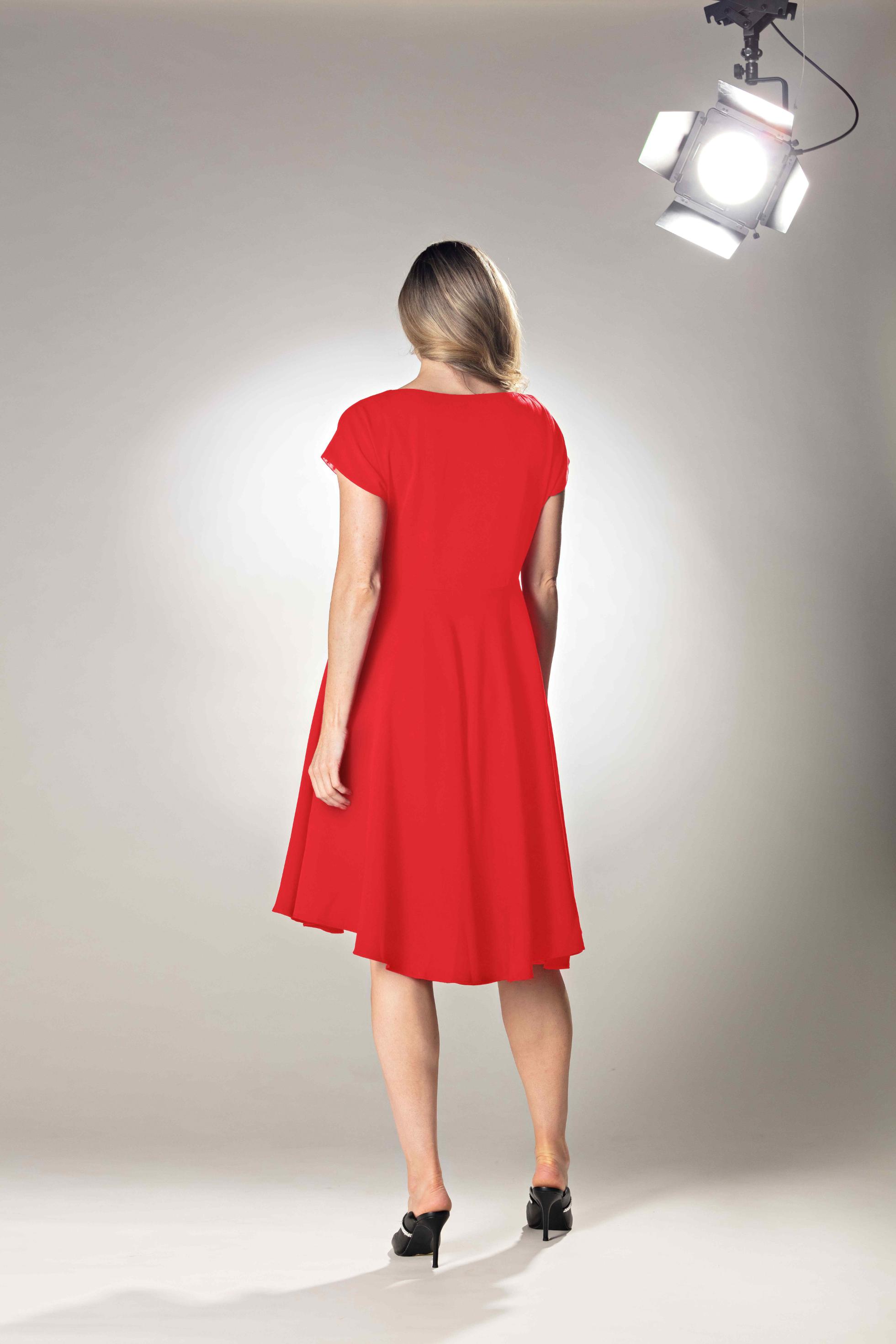 Cascade Fiery Red Beauty Detail Boat Neck Midi Dress