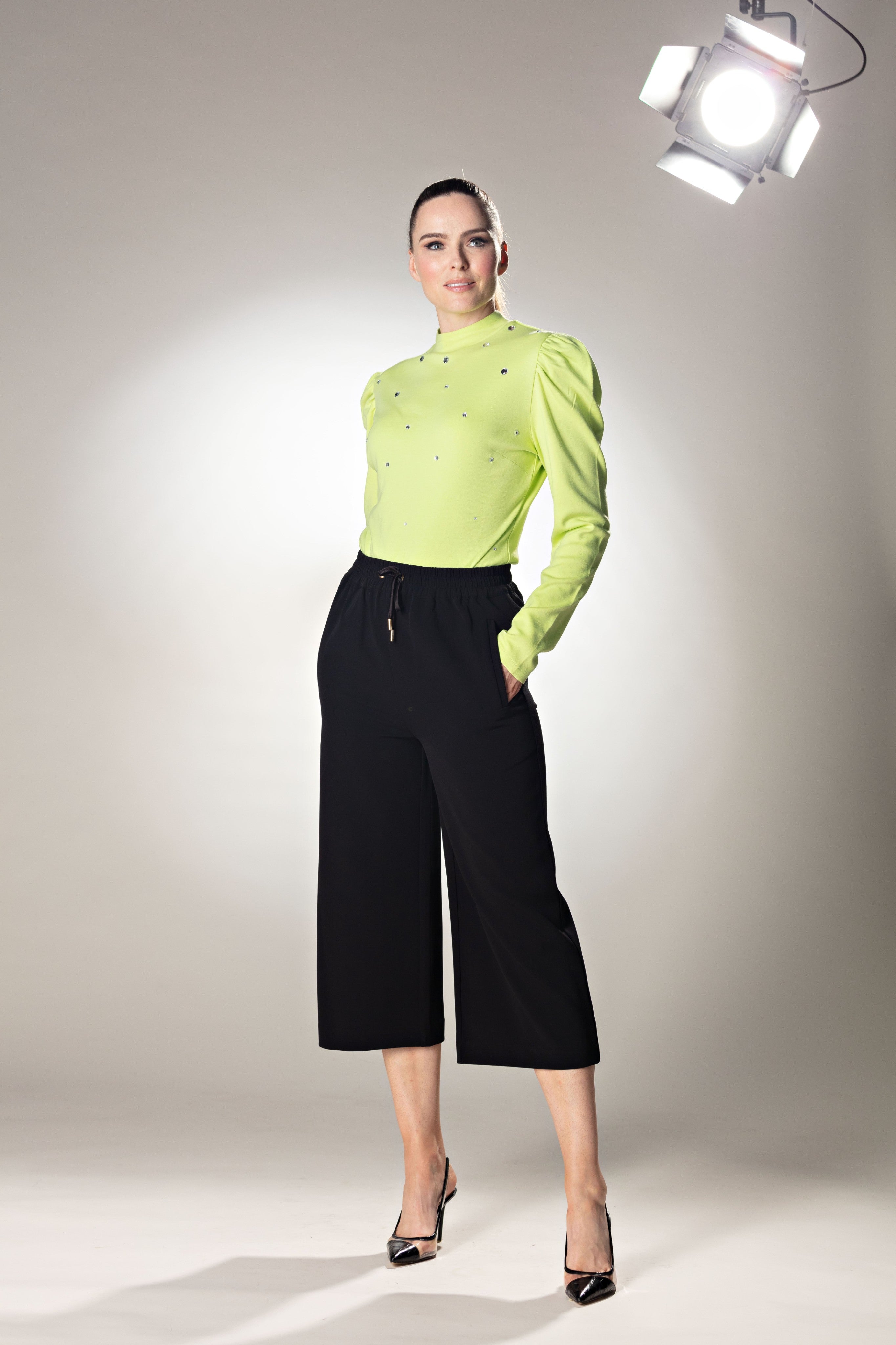 Puff Sleeve High Neck Jersey Green Top