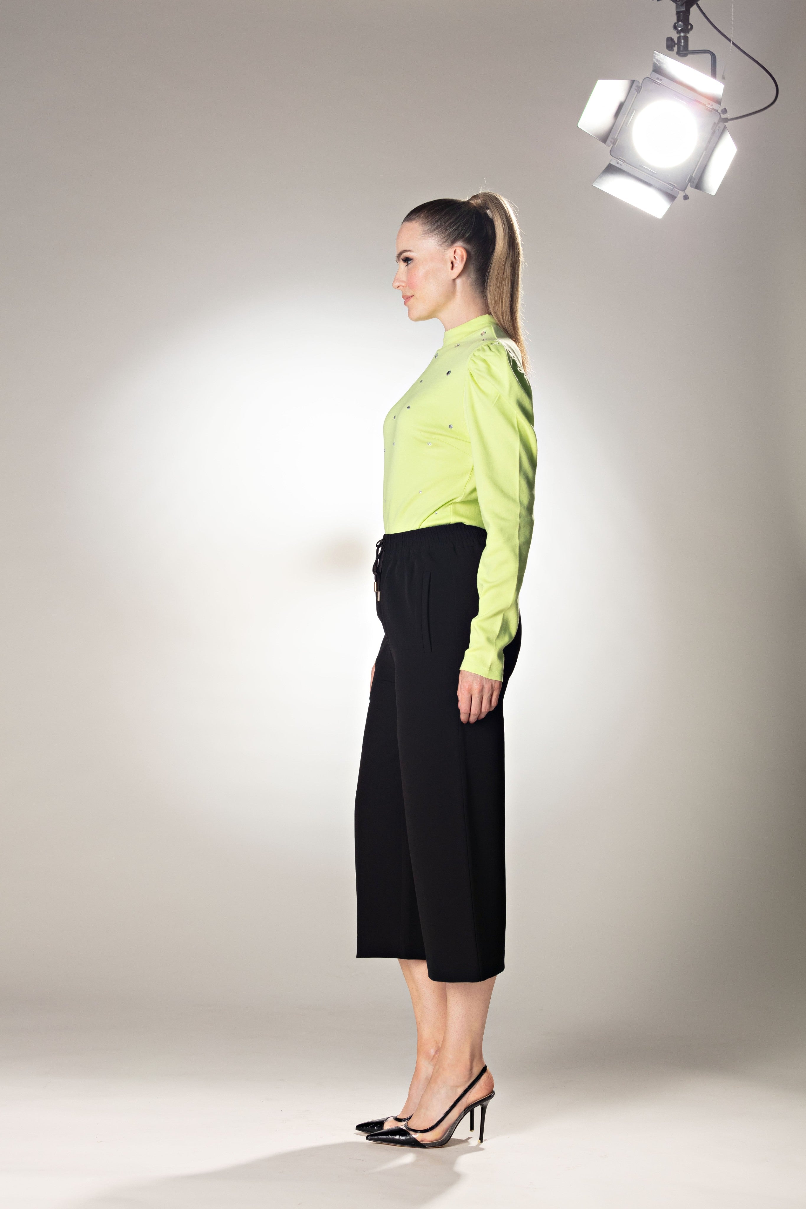 Puff Sleeve High Neck Jersey Green Top