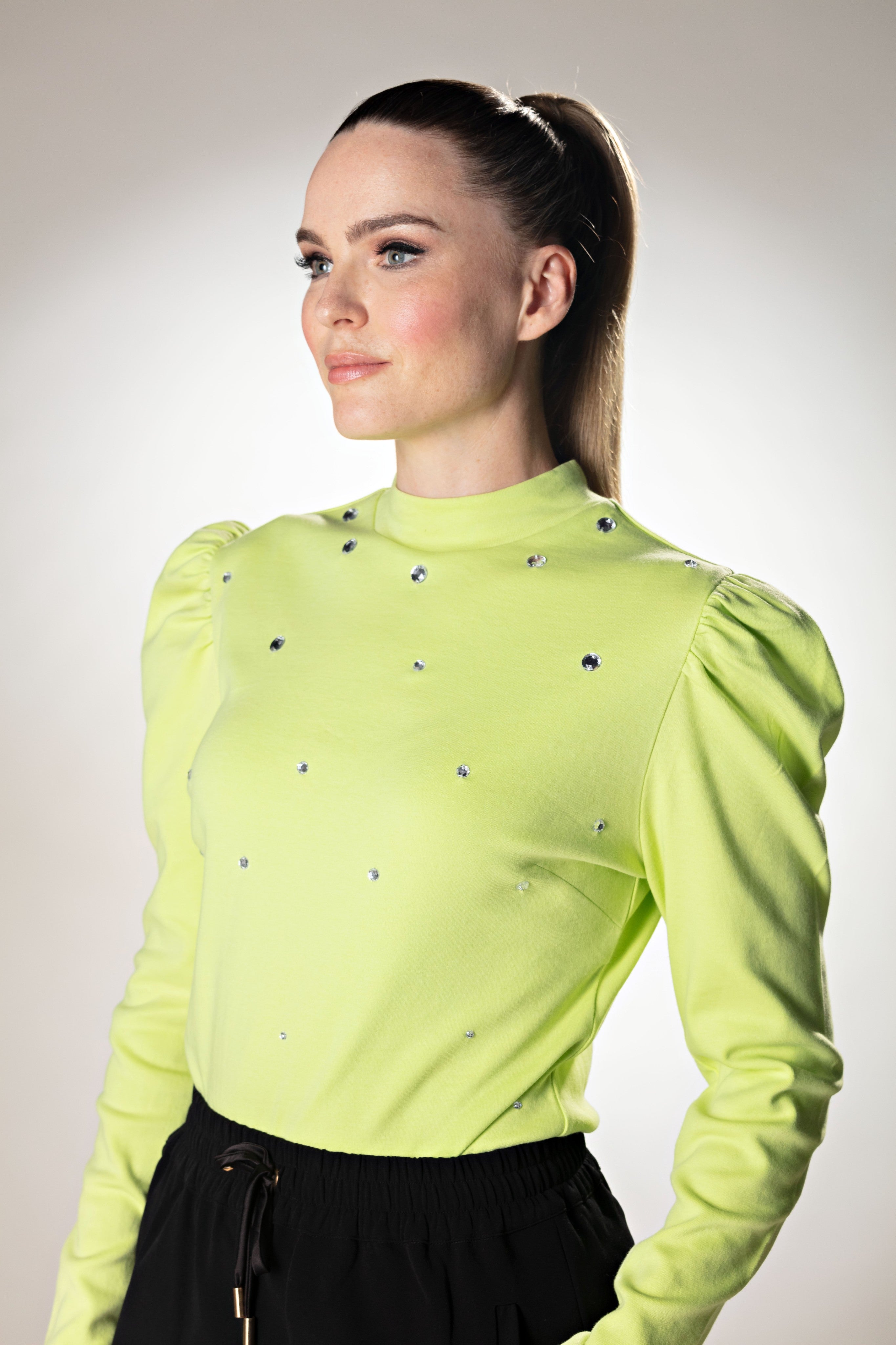 Puff Sleeve High Neck Jersey Green Top