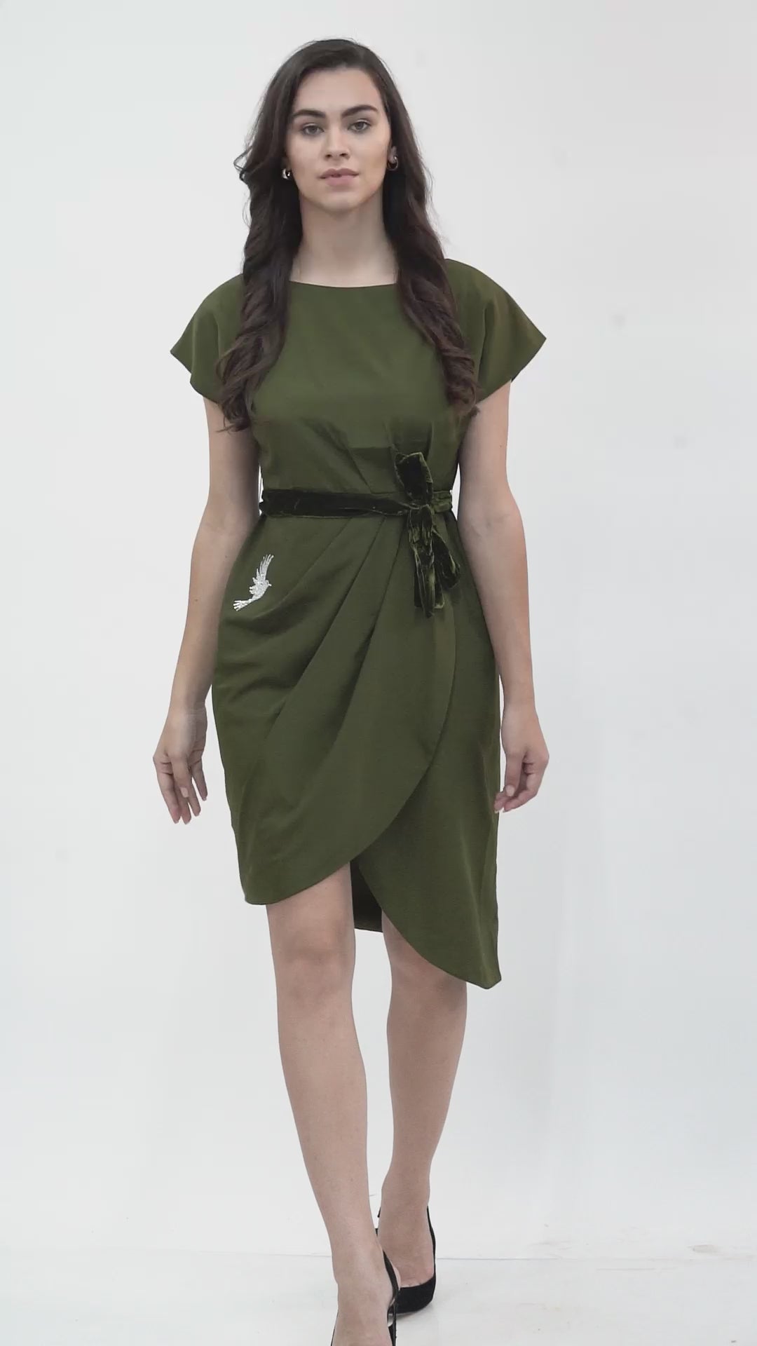 Bird Embroidered Wrap Olive Style Dress